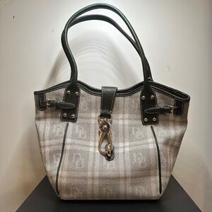 Dooney & Bourke Plaid Canvas DB Logo Green Leather Signature Handbag